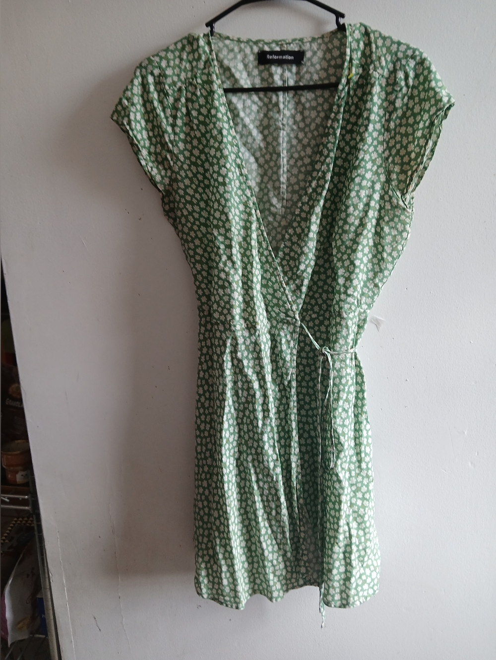 Reformation Green ditsy floral wrap midi dress